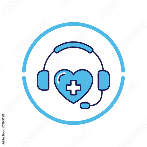 Flat lay image of a blue heart with a plus sign inside a headset, representing healthcare support, against a white background,