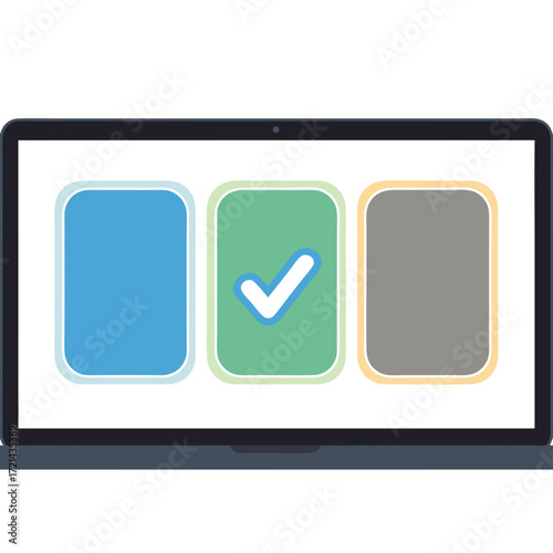 Close-up view of a laptop screen displaying three colorful checklist boxes, one green checkmark, conveying a sense of completion and