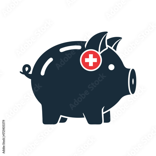 Flat lay vector illustration of a dark-grey piggy bank with a red medical cross, signifying healthcare savings, against a white