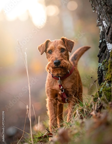 Portrait of a small dog in autumnal forest