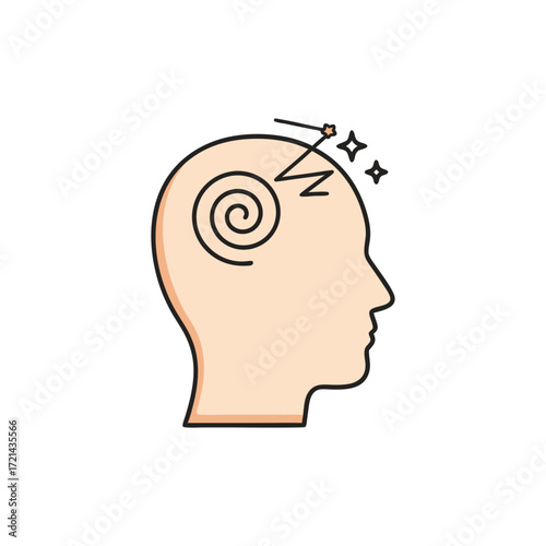 Profile view illustration of a human head experiencing mental fatigue, showcasing a swirling spiral and z's, with a simple line art