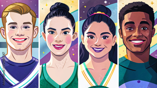 Vector illustration of girl and boy gymnasts performing moves, artistic sports competition, balance, strength, youth athlete style.