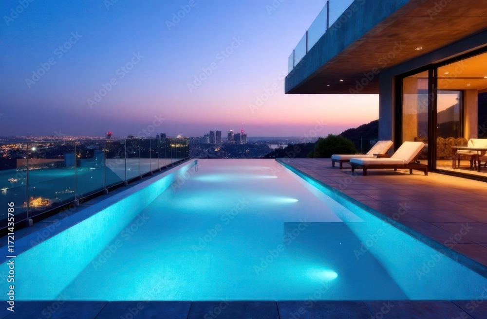 Fototapeta premium luxurious modern infinity pool overlooking city skyline at twilight. serene and elegant outdoor space. contemporary architecture, relaxation, travel inspiration. print design, website banner.