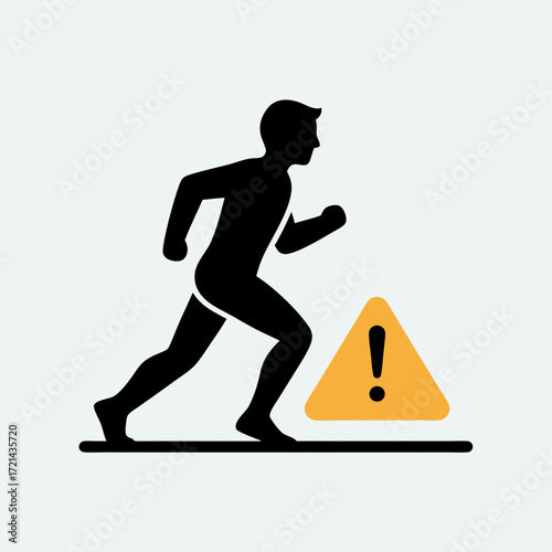 Side profile of a person running away from a yellow warning sign, flat vector illustration against a light-grey background, conveying