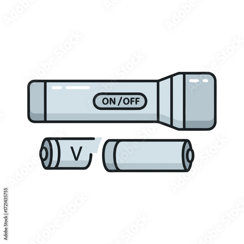 Flat lay illustration of a flashlight and two batteries against a white background, showcasing a minimalist design with cool grey