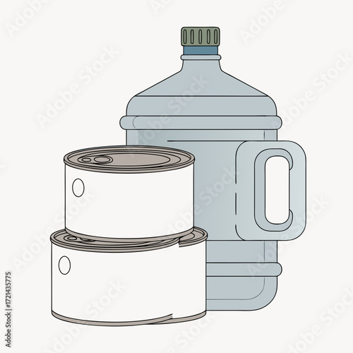 Flat lay image of two canned goods stacked below a large water bottle against a light gray background, illustrating emergency