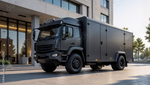 black armored cash-in-transit truck against the background of a modern building, money concept