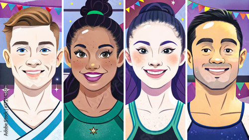 Vector illustration of girl and boy gymnasts performing moves, artistic sports competition, balance, strength, youth athlete style.