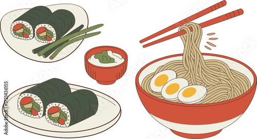 Japanese food vector, sushi rolls, ramen bowl, tofu dish, chopsticks motion, traditional cuisine illustration, stylized meal design, Asian culinary art