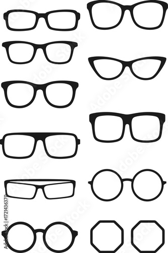Modern eyeglass frame collection, vector illustration of stylish spectacles, optical fashion design, trendy eyewear shapes, minimal glasses template for branding