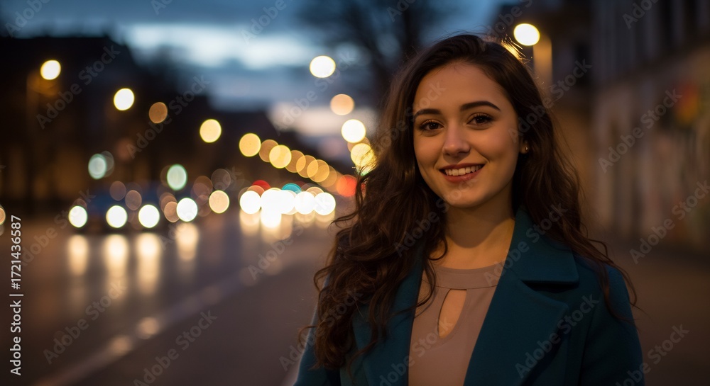 Obraz premium Smiling young woman on a city street at night with blurred lights