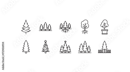 Collection of stylized tree illustrations in a minimalist silhouette style
