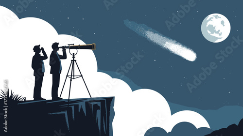 Night sky observation vector with comet and full moon, two people stargazing on cliff, astronomy silhouette art for science and wonder themes