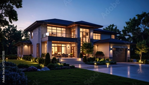 Evening view of a luxurious modern home, illuminated with warm lighting, showcasing architectural details.