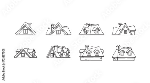 Collection of stylized house roof silhouettes with chimneys and windows