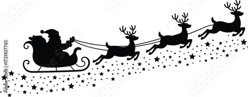 Santa sleigh silhouette vector with flying reindeer and star trail, classic Christmas night illustration for holiday celebration, decoration, and seasonal design