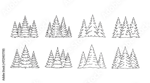 Collection of hand drawn pine tree clusters in a distinctive silhouette style