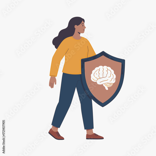 A flat vector illustration of a person holding a shield, symbolizing mental resilience and protection, on a white background