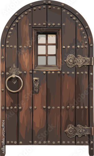 Rustic arched wooden door, vintage architecture vector, metal hinges and knocker, weathered planks, medieval design, antique entryway illustration