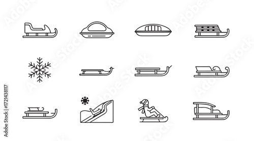 Collection of winter transportation and activity icons in silhouette