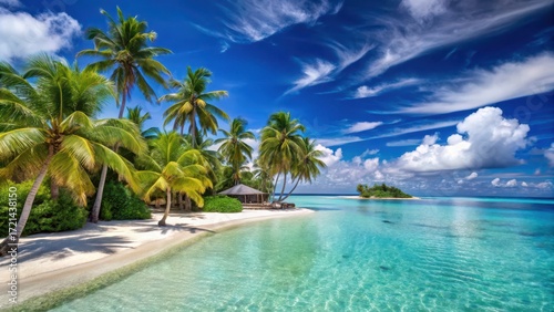 Luxurious beach resort surrounded by tall palm trees and crystal clear blue waters