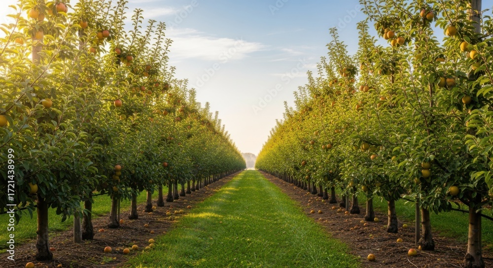 Naklejka premium Medium shot of a neatly arranged orchard showing trees planted in evenly spaced rows for maximum sunlight exposure and easy maintenance