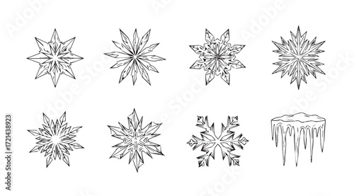Collection of intricate snowflake and icicle silhouettes for winter designs