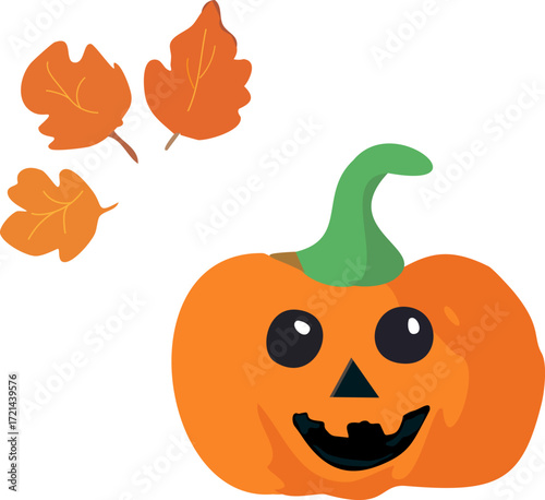Kawaii pumpkin and leaves. Halloween