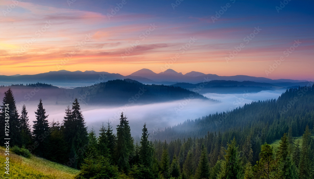 Obraz premium Serene Misty Forest Landscape At Dawn With Colorful Hues And Distant Mountains In Background