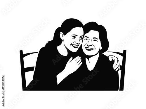 Young woman hugs older woman tenderly in black and white illustration