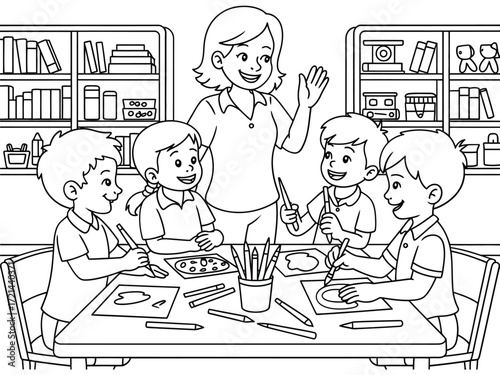Teacher leading an art class with young students at a table