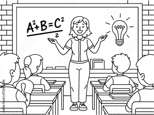 Teacher explains math equation with lightbulb idea symbol