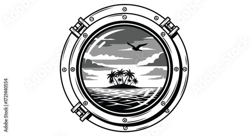 Vector illustration of porthole with tropical island, vector illustration
