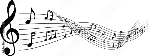 Musical notes wave, treble clef illustration, music staff vector, melody background design, abstract sound art, rhythm flow, harmony composition graphic