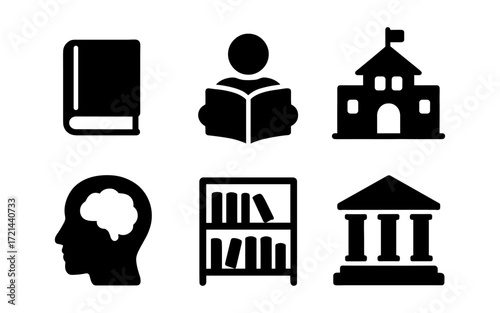 Educational icons set featuring book, student, school, brain, bookshelf, and institution - ideal for learning design and academic resources