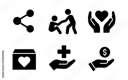 Humanitarian aid icons: symbols of support, donation, and community care for design and communication