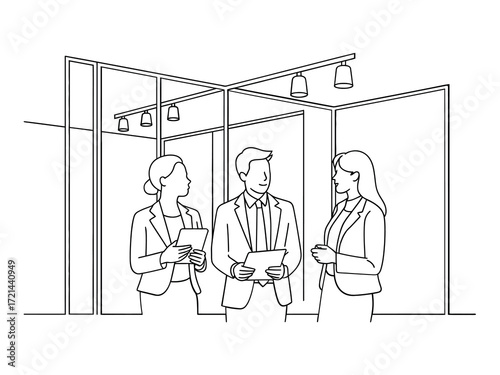 Business professionals in discussion at an exhibition booth