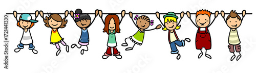 Gruppe Cartoon Kinder hängt an Trennlinie als Designelement