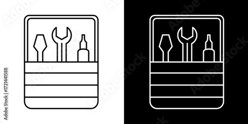 Minimalist line art icon illustration featuring a portable toolbox filled with essential repair equipment, including a screwdriver, wrench, and oil can, symbolizing maintenance and craftsmanship