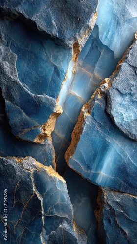 Striking blue and gold rock formations showcasing unique textures and patterns in natural geology