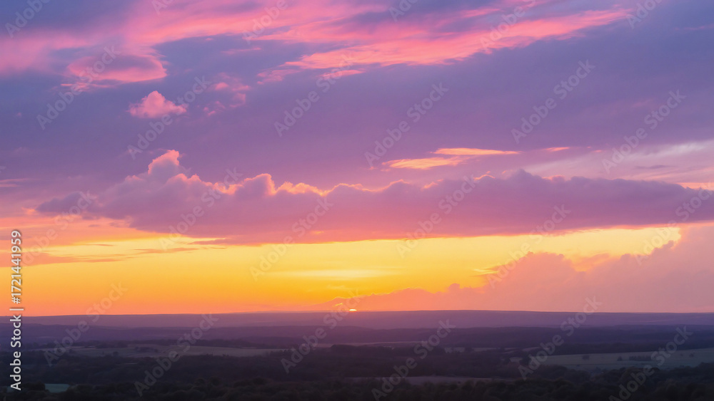 Fototapeta premium A scenic view of a colorful sky with pink and purple clouds at sunset over a dark horizon landscape