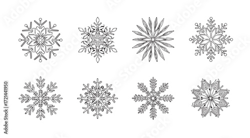 Collection of intricate snowflake designs in a classic silhouette style