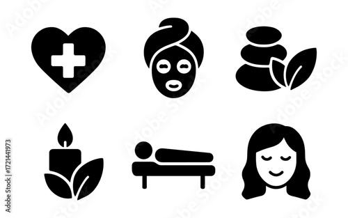 Elegant spa icons set featuring massage, relaxation, and beauty elements for wellness designs