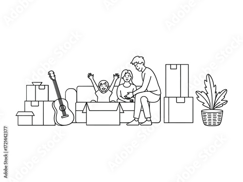 Family sitting on sofa surrounded by moving boxes and guitar