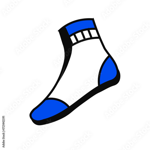 Stylized Blue and White Sock with Black Outline and Pattern.