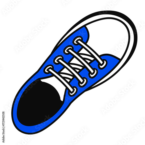 Vibrant blue cartoon sneaker with white laces and black toe cap graphic illustration.