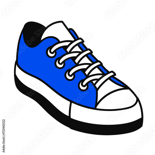 Blue and White Cartoon Sneaker with Black Sole and Laces.