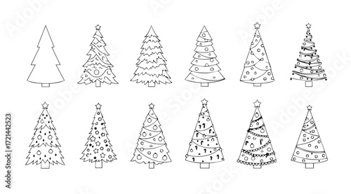 Collection of hand drawn christmas tree illustrations in a silhouette style