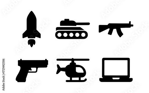 Military technology icons set featuring rocket, tank, rifle, pistol, helicopter, and laptop for modern warfare design