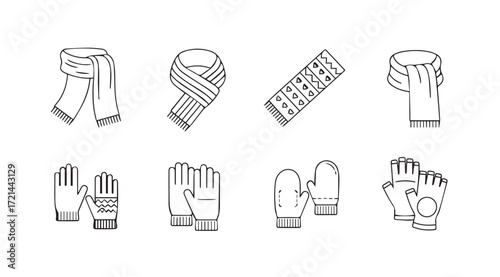 Collection of scarves and gloves illustrated in a simple silhouette style